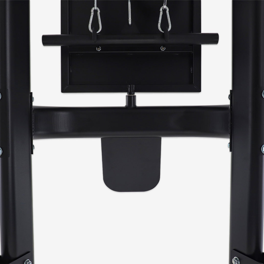 Black weightlifting platform with bar and rings on a white background