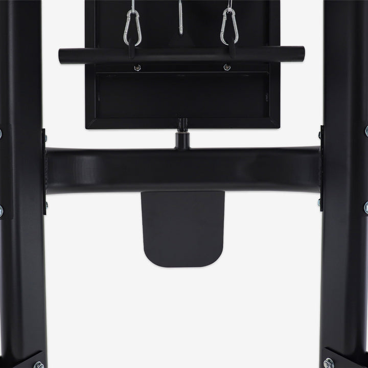 Black weightlifting platform with bar and rings on a white background