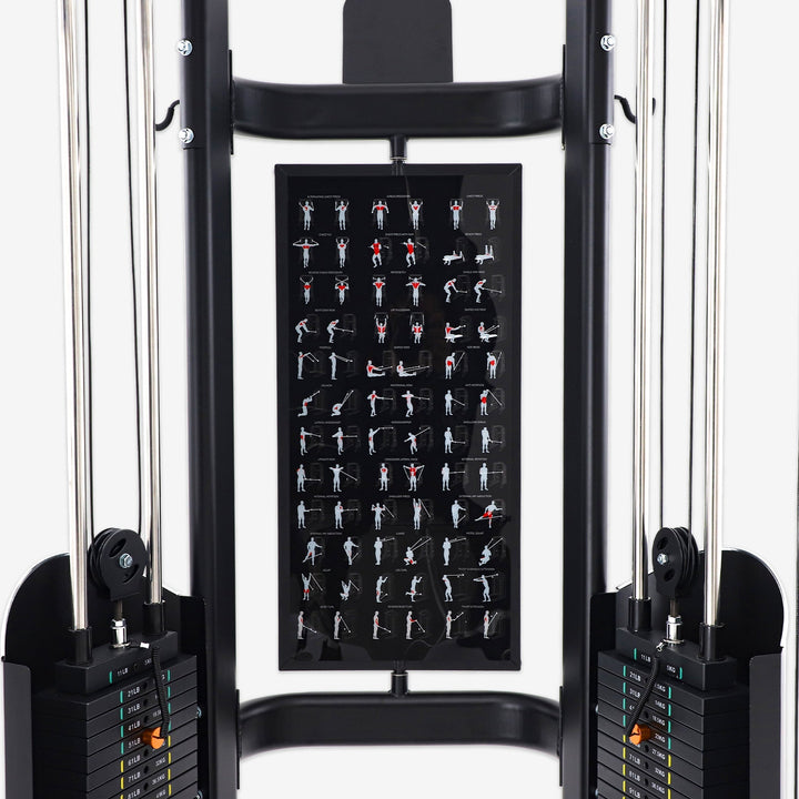 Gym machine with exercise chart on a white background