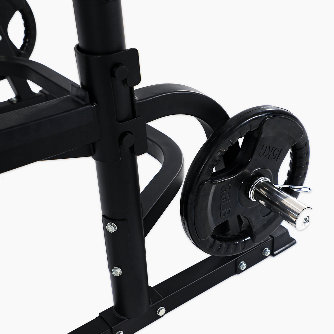 Black weightlifting barbell with weight plates on a white background