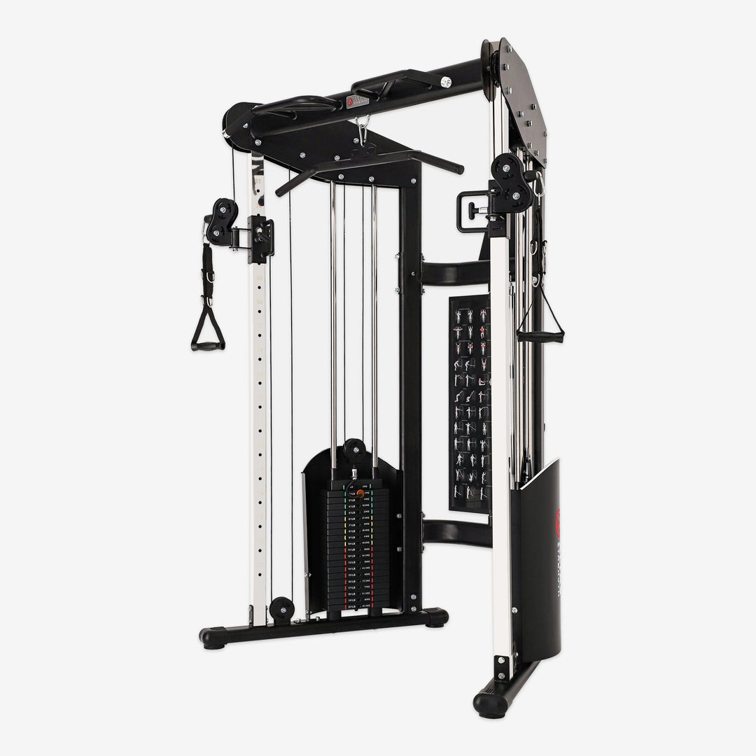 Gym equipment with pulleys and weight stack on a white background