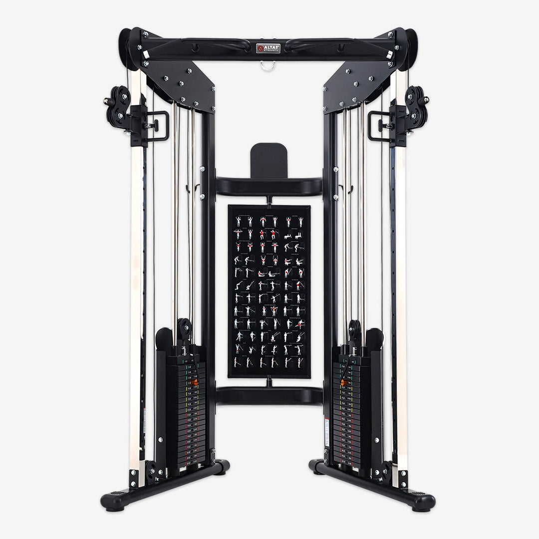 Gym equipment with a rack of attachments on a white background