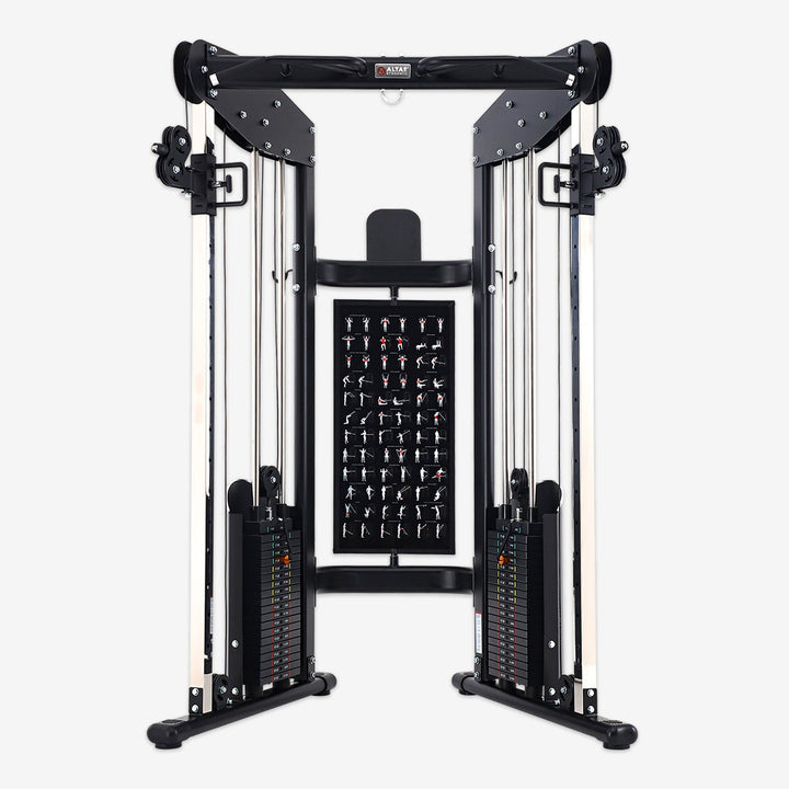 Gym equipment with a rack of attachments on a white background