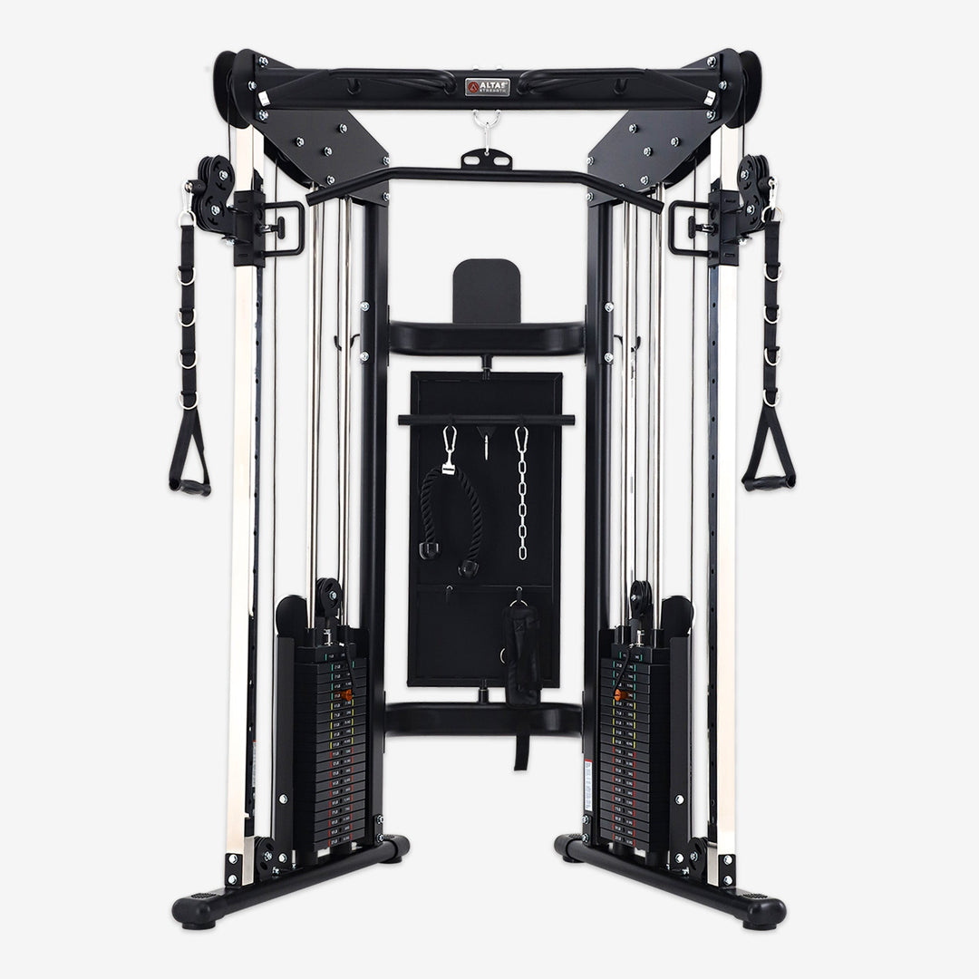 Black cable machine gym equipment on a white background
