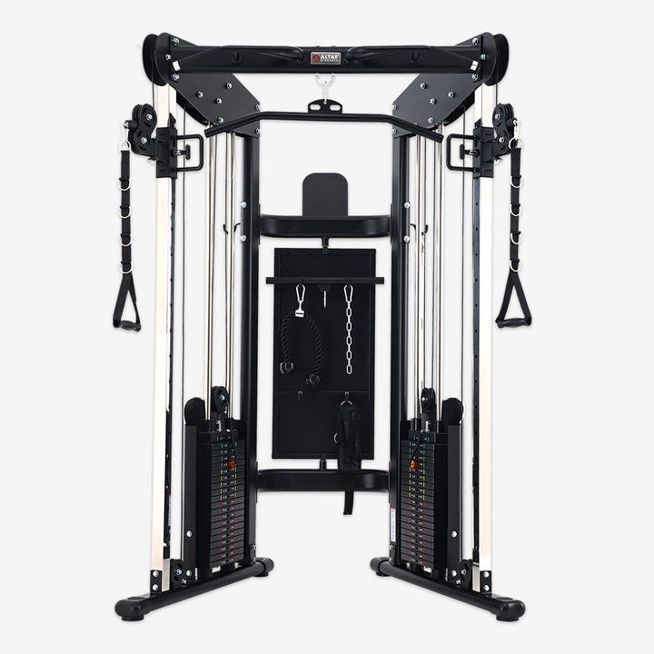 Black cable machine gym equipment on a white background