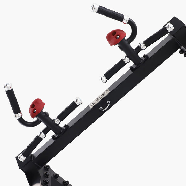 Black bike rack with red connectors on a white background