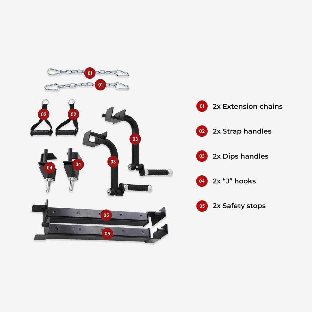 Set of gym equipment components with labels on a white background