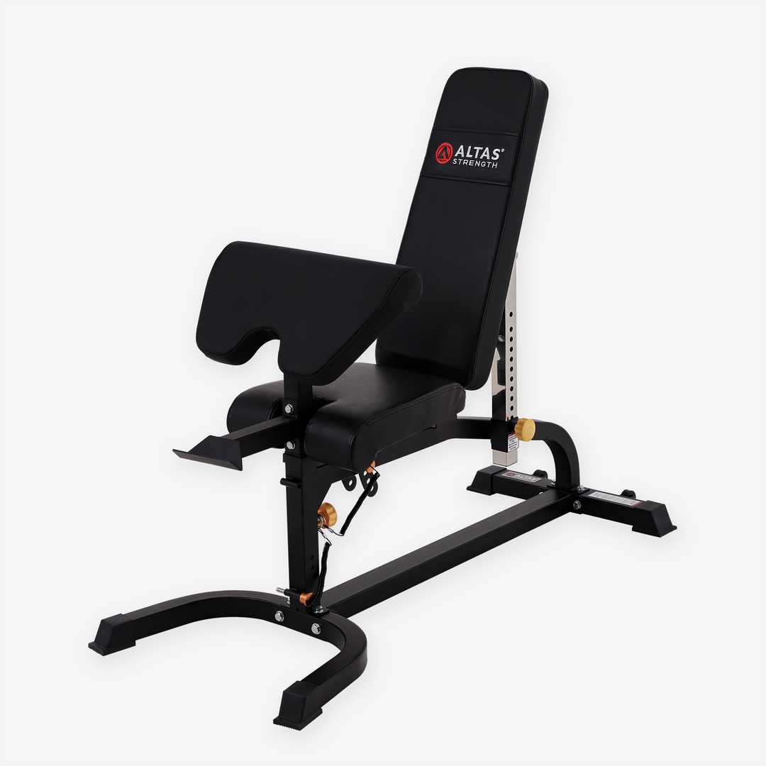 Black weight bench with 'Altas' branding on a white background