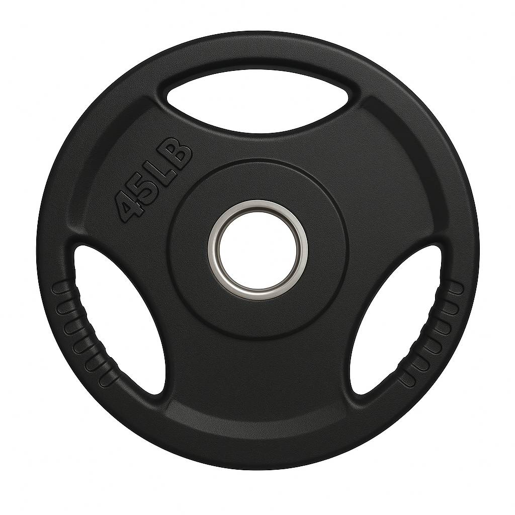 X-RIVAL 45LB Rubber Grip Olympic Plate for secure weight lifting and strength training in gym settings.