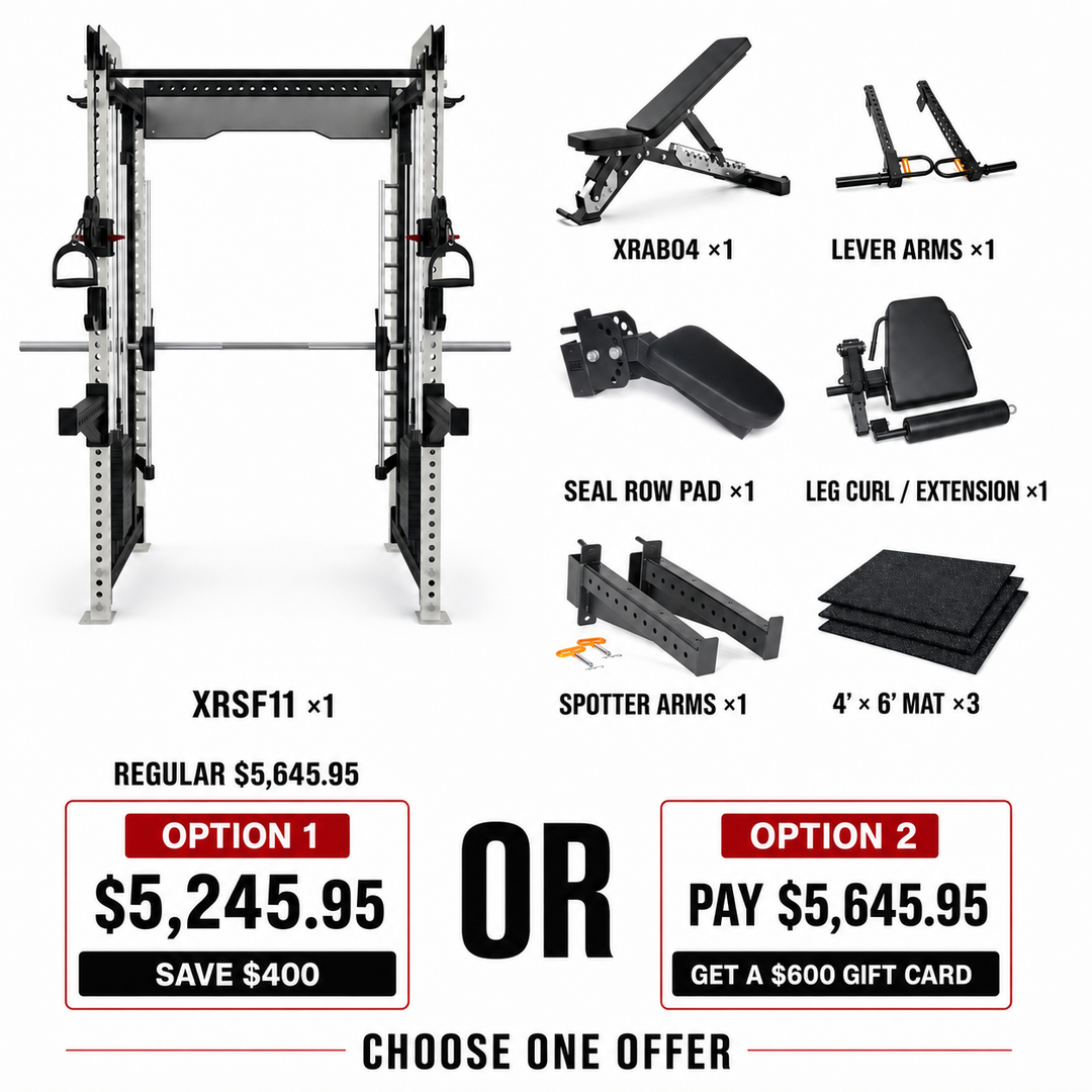 A bundle offer for the XRSF11 power rack, showing the main rack on the left and six accessory items on the right: X-RB04 bench, lever arms, seal row pad, leg curl/extension, spotter arms, and a 4'6' mat. Two payment options are displayed at the bottom: Option 1 for $5,245.