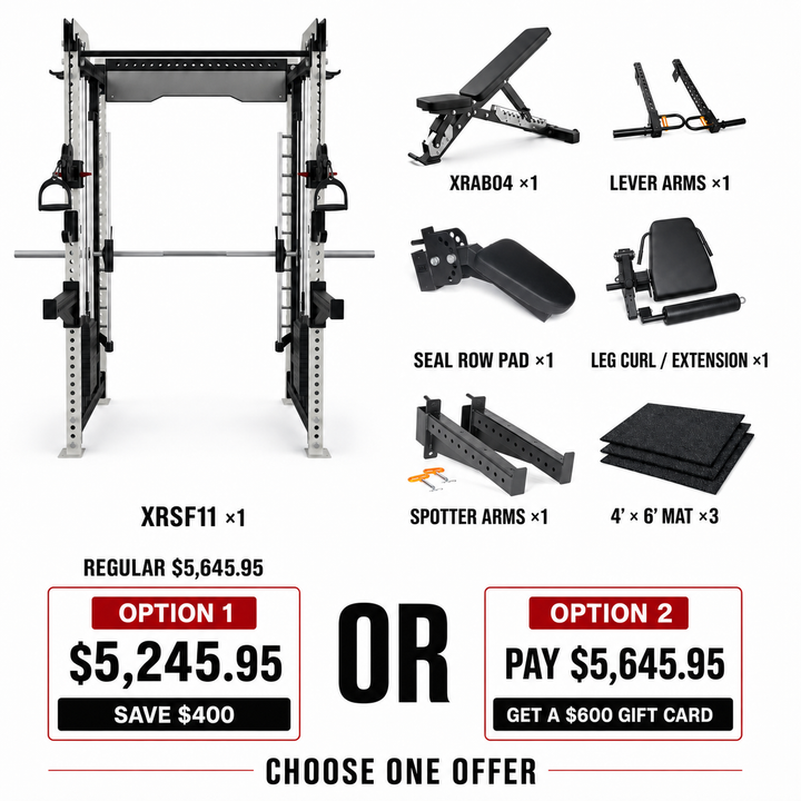 A bundle offer for the XRSF11 power rack, showing the main rack on the left and six accessory items on the right: X-RB04 bench, lever arms, seal row pad, leg curl/extension, spotter arms, and a 4'6' mat. Two payment options are displayed at the bottom: Option 1 for $5,245.