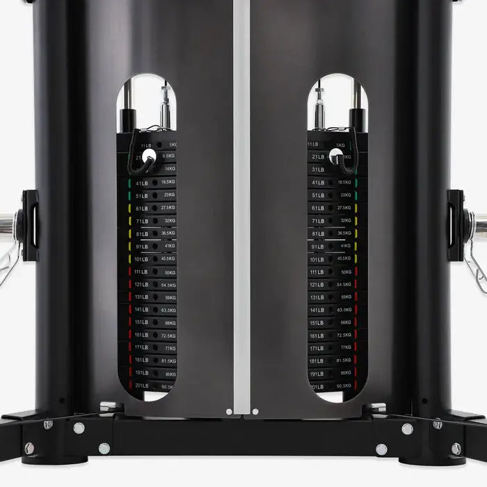 ALTAS AL-3107 Smith Machine weight stack details for compact home gym, featuring adjustable resistance for various exercises.