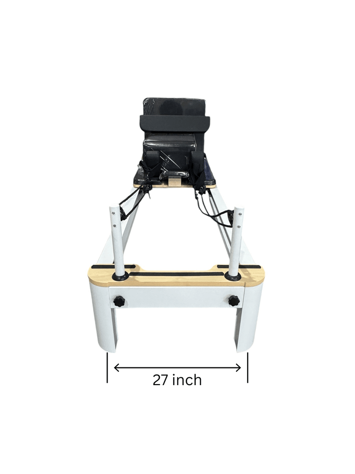 Pilates Reformer S showing a 27-inch width, designed for efficient home and studio workouts in Canada.