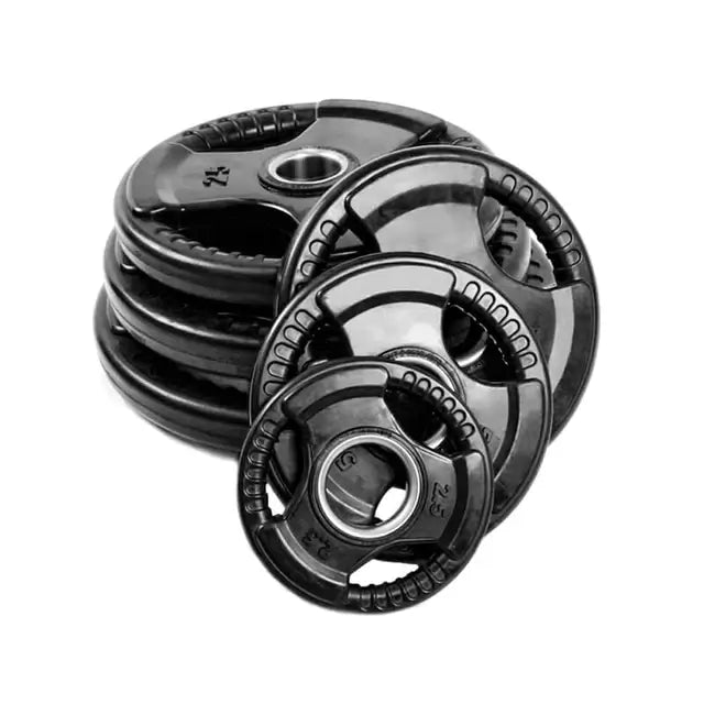 X-RIVAL Rubber Grip Olympic Plates stacked for weightlifting, ideal for barbells and home gym setups in Canada.